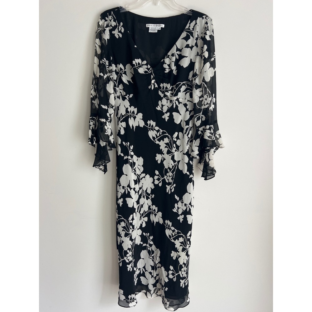 Maggy London Womens Floral Silk V-Neck Ruffle Bell Sleeve Midi Dress 10 Romantic